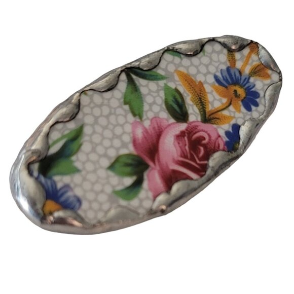 Rose Leaves Pottery Shard Oval Brooch Pin E651 - Picture 3 of 8